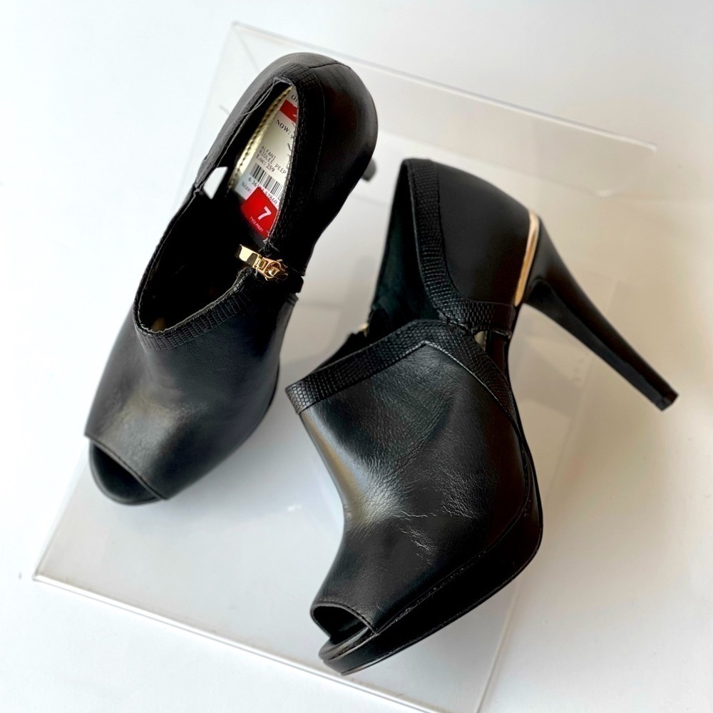 Alfani Womens Black Bootie Pumps heels Black Leather Platform heels boots, 7M